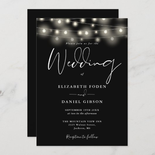 Elegant String Lights Black And White Wedding 招待状 (正面/裏面)