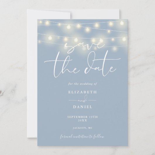 Elegant String Lights Dusty Blue QR Code Wedding セーブザデート (正面)