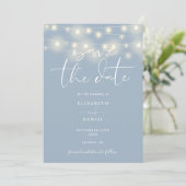 Elegant String Lights Dusty Blue QR Code Wedding セーブザデート (スタンド正面)