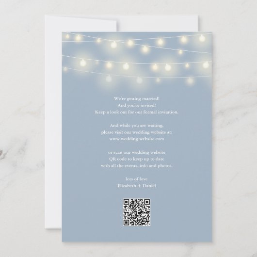 Elegant String Lights Dusty Blue QR Code Wedding セーブザデート (裏面)