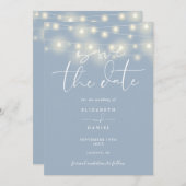 Elegant String Lights Dusty Blue QR Code Wedding セーブザデート (正面/裏面)