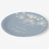Elegant String Lights Dusty Blue Wedding ペーパープレート (アングル)