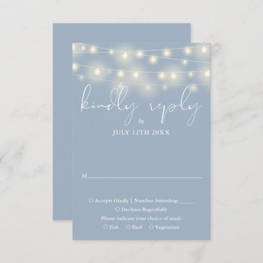 Elegant String Lights Dusty Blue Wedding 出欠カード (正面/裏面)