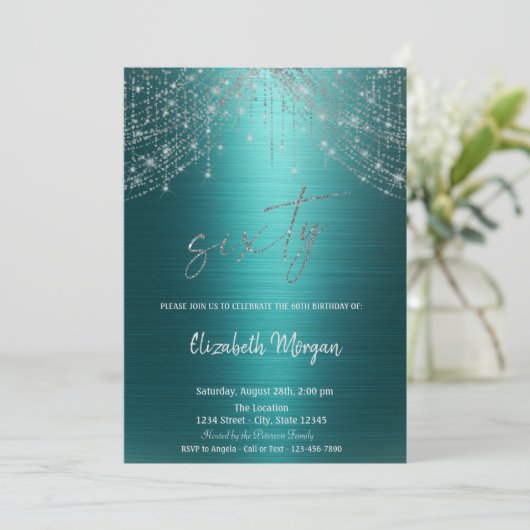 Elegant String Lights Green Metallic 60th Birthday 招待状 (スタンド正面)