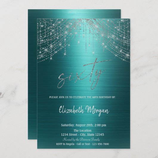 Elegant String Lights Green Metallic 60th Birthday 招待状 (正面/裏面)