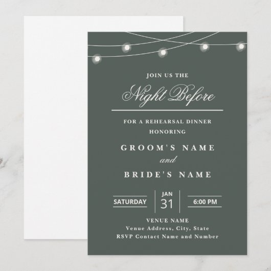 Elegant String Lights Rehearsal Dinner Invitation  招待状 (正面/裏面)