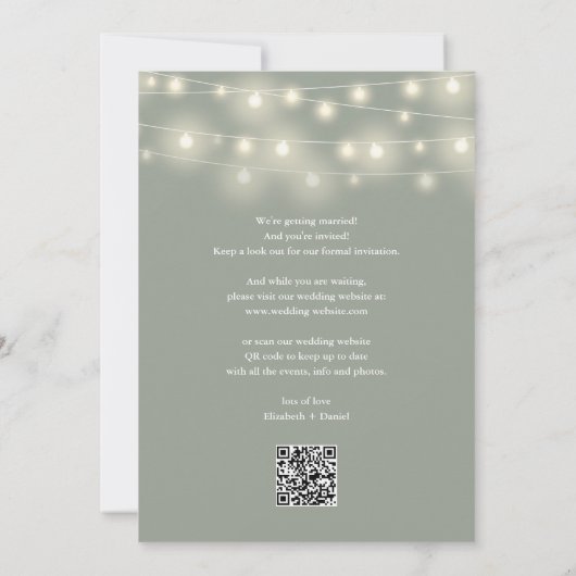 Elegant String Lights Sage Green QR Code Wedding セーブザデート (裏面)