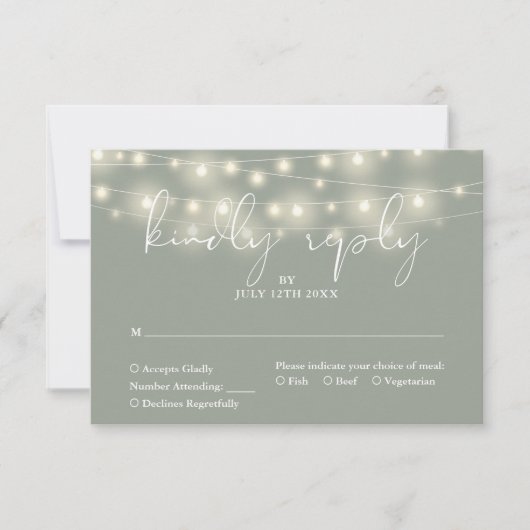 Elegant String Lights Sage Green Wedding 出欠カード (正面)