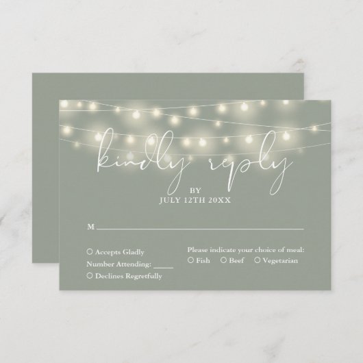 Elegant String Lights Sage Green Wedding 出欠カード (正面/裏面)
