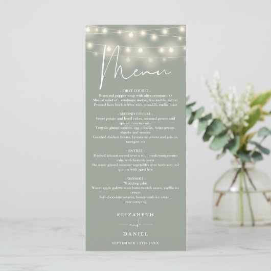 Elegant String Lights Sage Green Wedding Dinner メニュー (スタンド正面)