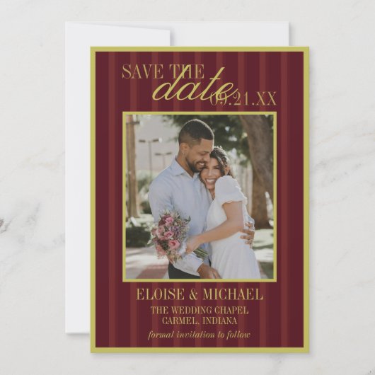 Elegant Stripe Chartreuse Burgundy Save the Date 招待状 (正面)