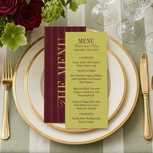 Elegant Stripe Chartreuse Burgundy Wedding Dinner メニュー