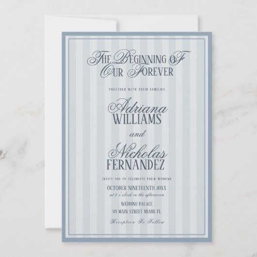 Elegant Striped Blue Wedding Invitation 招待状 (正面)