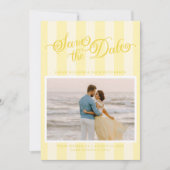 Elegant Striped Butter Yellow Script Save The Date セーブザデート (正面)