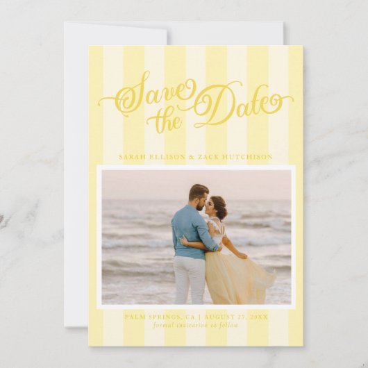 Elegant Striped Butter Yellow Script Save The Date セーブザデート (正面)