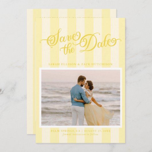 Elegant Striped Butter Yellow Script Save The Date セーブザデート (正面/裏面)