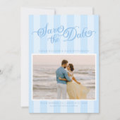 Elegant Striped Pastel Blue Script Save The Date セーブザデート (正面)