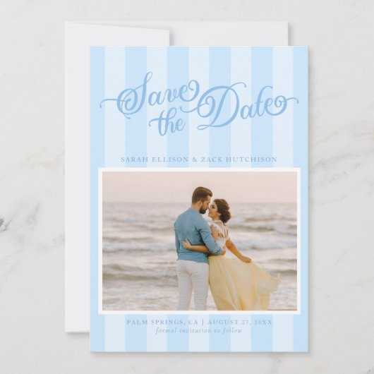 Elegant Striped Pastel Blue Script Save The Date セーブザデート (正面)