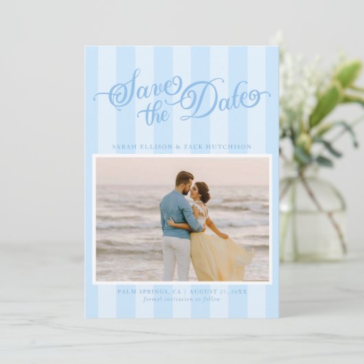 Elegant Striped Pastel Blue Script Save The Date セーブザデート (スタンド正面)