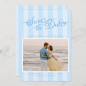 Elegant Striped Pastel Blue Script Save The Date セーブザデート (正面/裏面)
