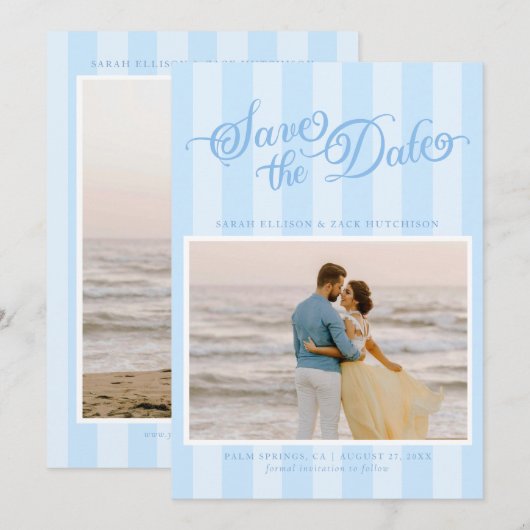 Elegant Striped Pastel Blue Script Save The Date セーブザデート (正面/裏面)
