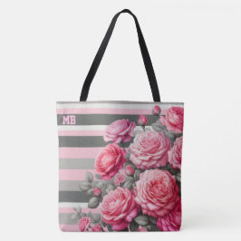 Elegant Striped Pink and Grey with Roses トートバッグ