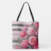Elegant Striped Pink and Grey with Roses トートバッグ (裏面)