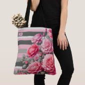 Elegant Striped Pink and Grey with Roses トートバッグ (クローズアップ)