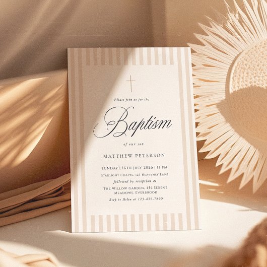 Elegant Stripes Beige Calligraphy Baptism 招待状