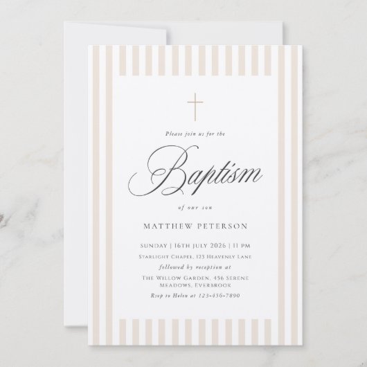 Elegant Stripes Beige Calligraphy Baptism 招待状 (正面)