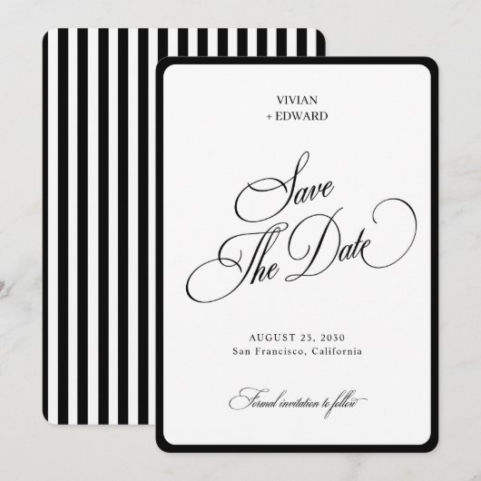 Elegant Stripes Border Black & White Wedding セーブザデート (正面/裏面)