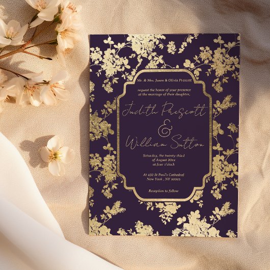 Elegant Style Dark Purple Gold Floral Wedding 招待状