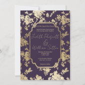 Elegant Style Dark Purple Gold Floral Wedding 招待状 (正面)