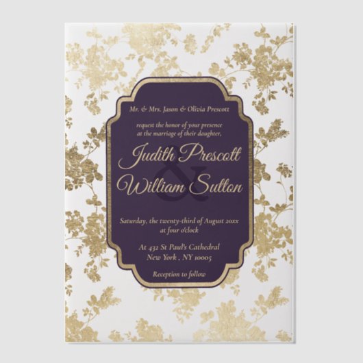 Elegant Style Tolopea Purple Gold Floral Wedding ベラム紙招待状 (正面)