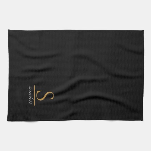 Elegant Stylish Black Gold Monogram Script Name キッチンタオル (横)