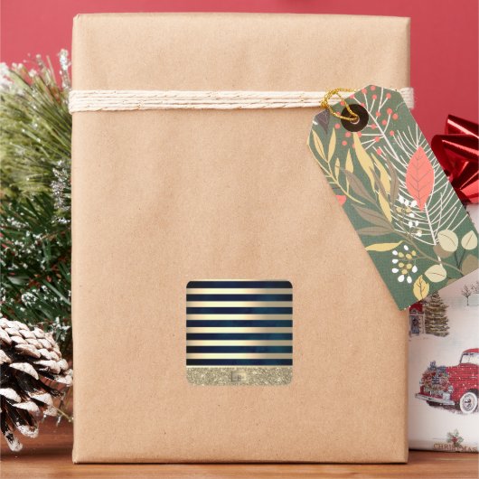 Elegant Stylish Gold Stripes Glitter,Navy Blue スクエアシール (クリスマス)