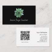 Elegant Succulent Botanical QR code Black  名刺 (正面/裏面)