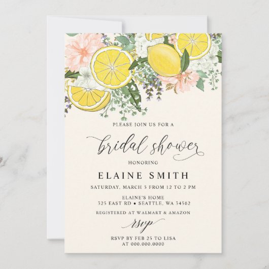 Elegant Summer Lemon Lime Citrus Bridal Shower  招待状 (正面)