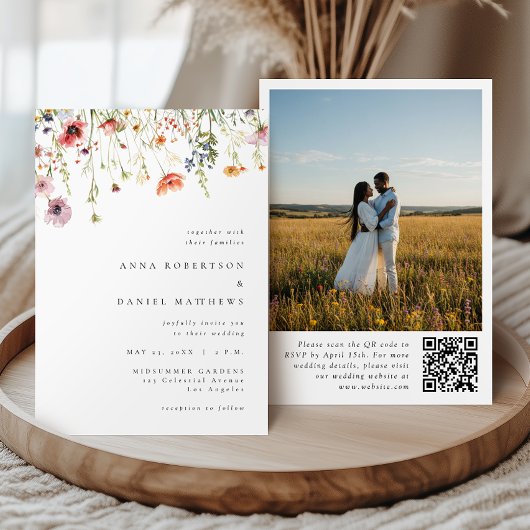 Elegant Summer Wildflower QR Code Photo Wedding 招待状