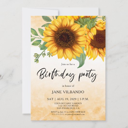 Elegant Sunflower Birthday Party Invitation 招待状 (正面)