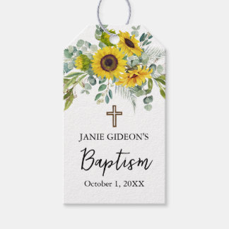 Elegant Sunflower & Eucalyptus Boho Cross Baptism ギフトタグ