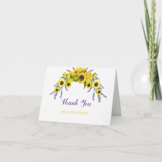 Elegant Sunflower & Lavender Wreath Wedding  サンキューカード (正面)