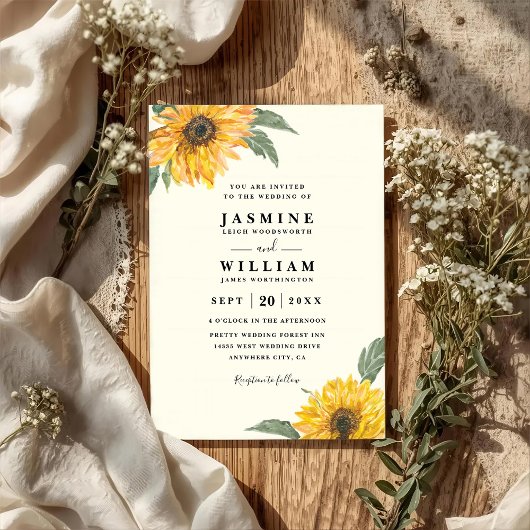 Elegant Sunflower Rustic Modern QR Code Wedding 招待状