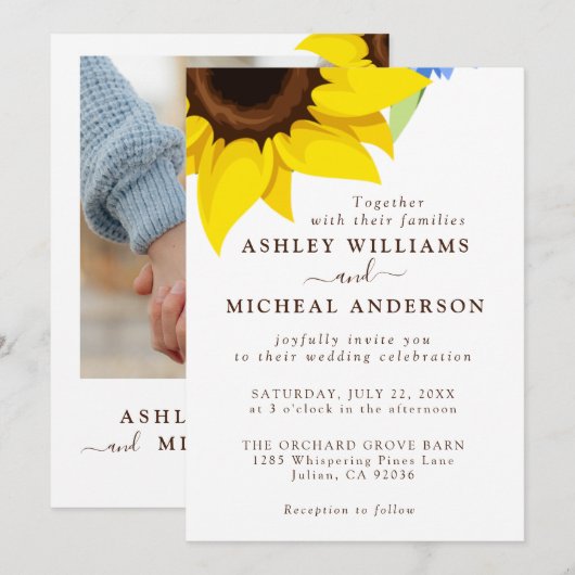 Elegant Sunflower Wedding Invitation With Photo 招待状 (正面/裏面)