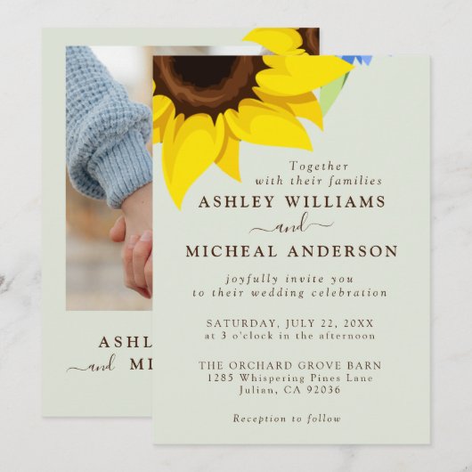 Elegant Sunflower Wedding Invitation With Photo 招待状 (正面/裏面)