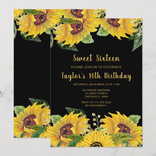 Elegant Sunflowers and Foliage Sweet Sixteen 招待状 (正面/裏面)