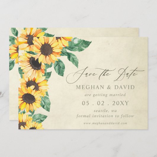 Elegant Sunflowers Garden Floral Save the Date 案内状 (正面/裏面)