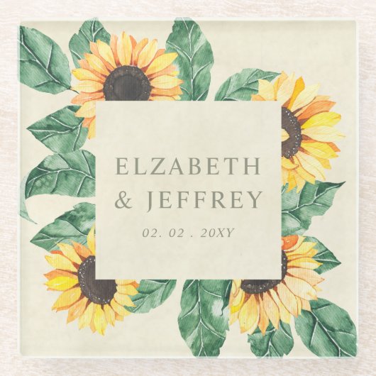 Elegant Sunflowers Garden Floral Wedding ガラスコースター (正面)