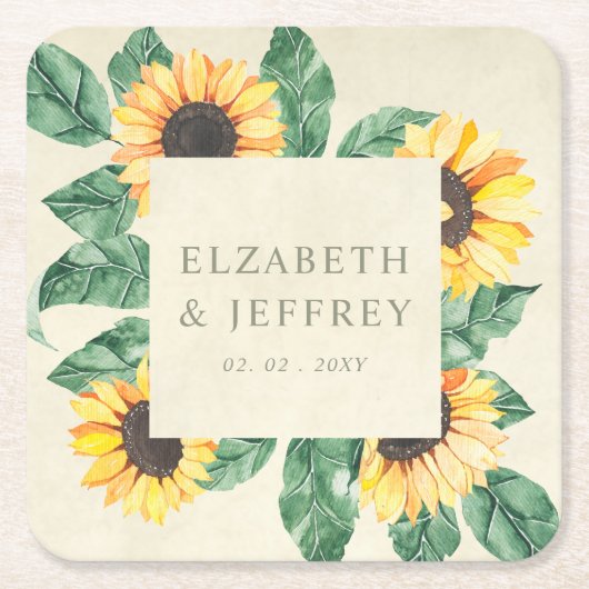 Elegant Sunflowers Garden Floral Wedding スクエアペーパーコースター (正面)