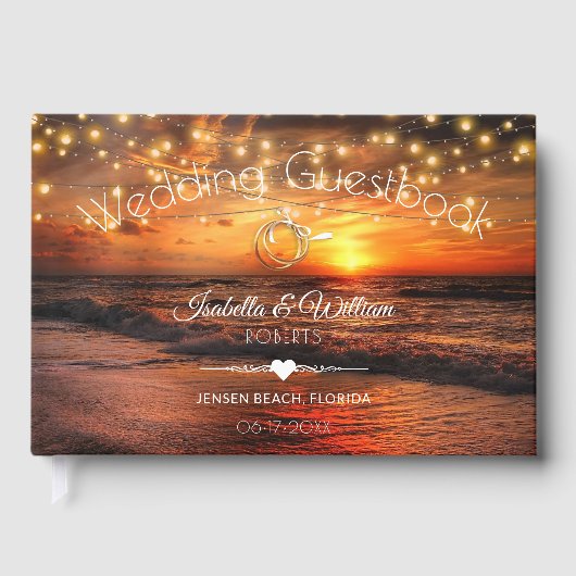 Elegant Sunset Beach String Lights Summer Wedding ゲストブック (正面)
